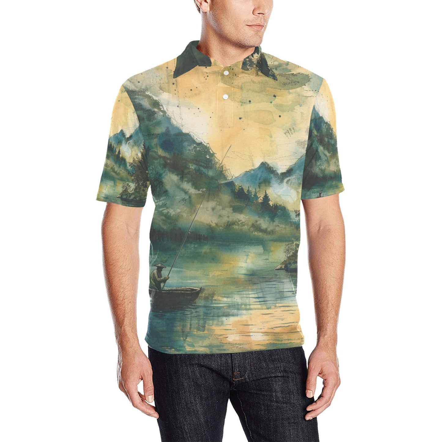 Fishing Scene Men's All Over Print Polo Shirt | Lightweight Polyester Casual Golf Shirt fishing apparel gifts - Cherished Harbor Gifts