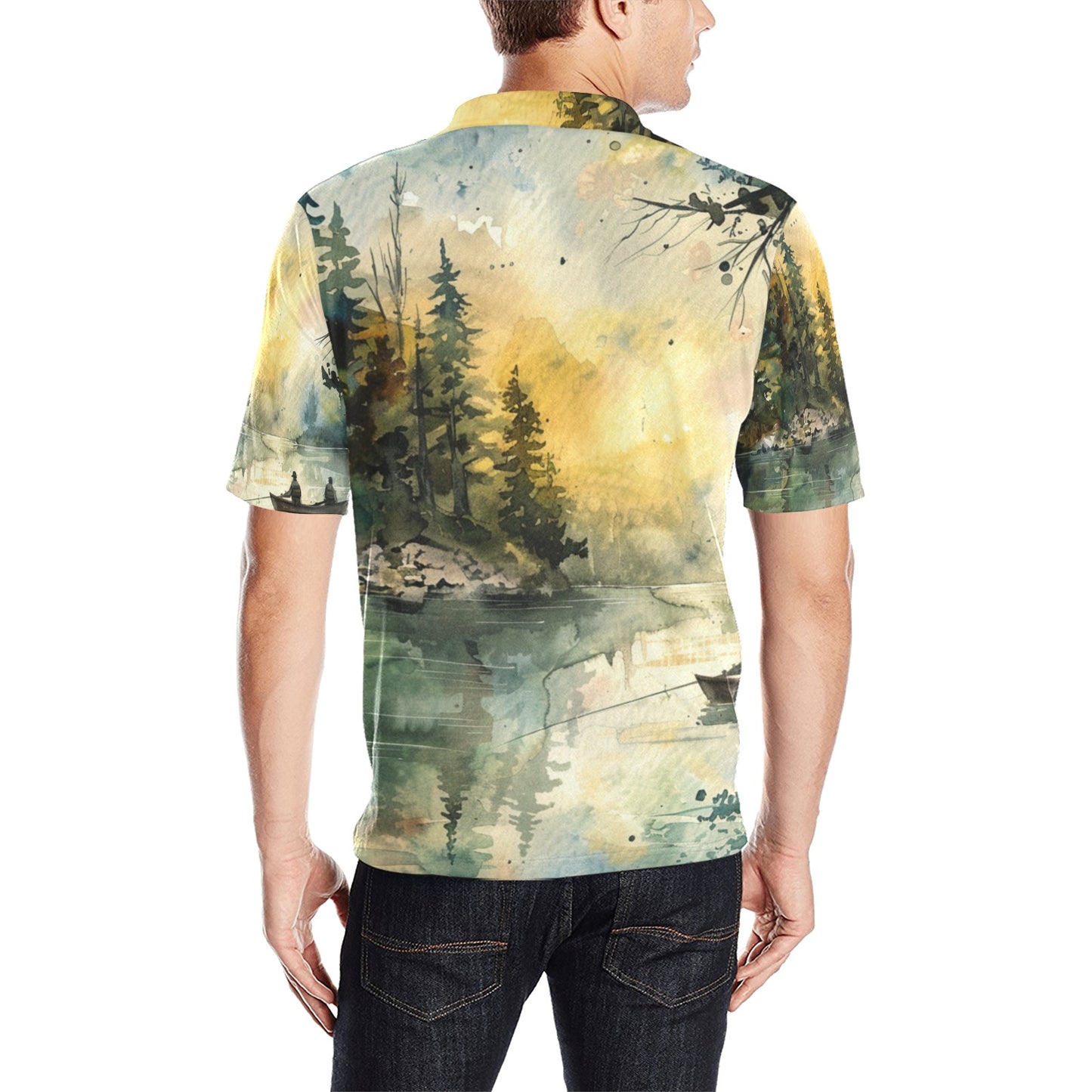 men's fishing polo shirt Fishing Scene Men's All Over Print Polo Shirt | Lightweight Polyester Casual Golf Shirt - Cherished Harbor Gifts