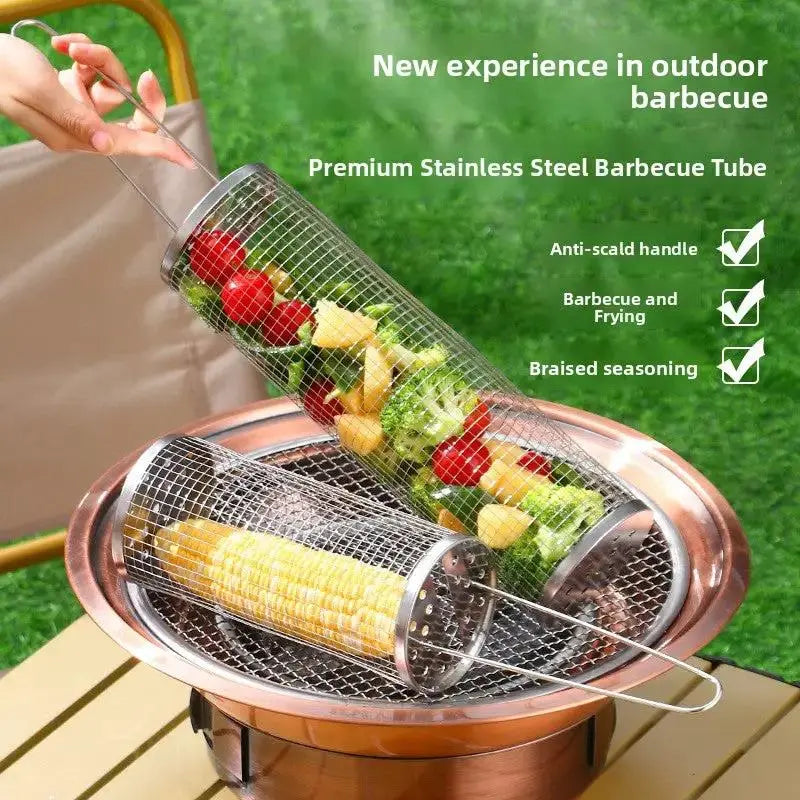 Stainless Steel Rolling BBQ Grill Basket | Portable Rotating Barbecue Cage by TED