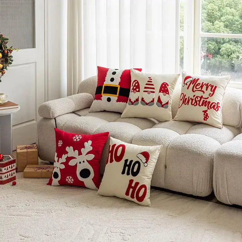 Christmas Embroidered Pillow Cover 18x18 | Santa, Reindeer & HOHOHO Holiday Cushion Cover by Cherished Harbor Gifts by EPR