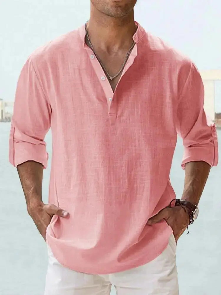 Men's Linen Casual Shirt - Relaxed Long Sleeve Pullover by TED