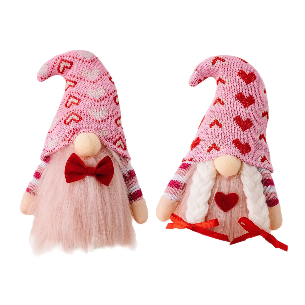Two gnomes with pink hats, red hearts, long hair, and bows in red and pink tones.