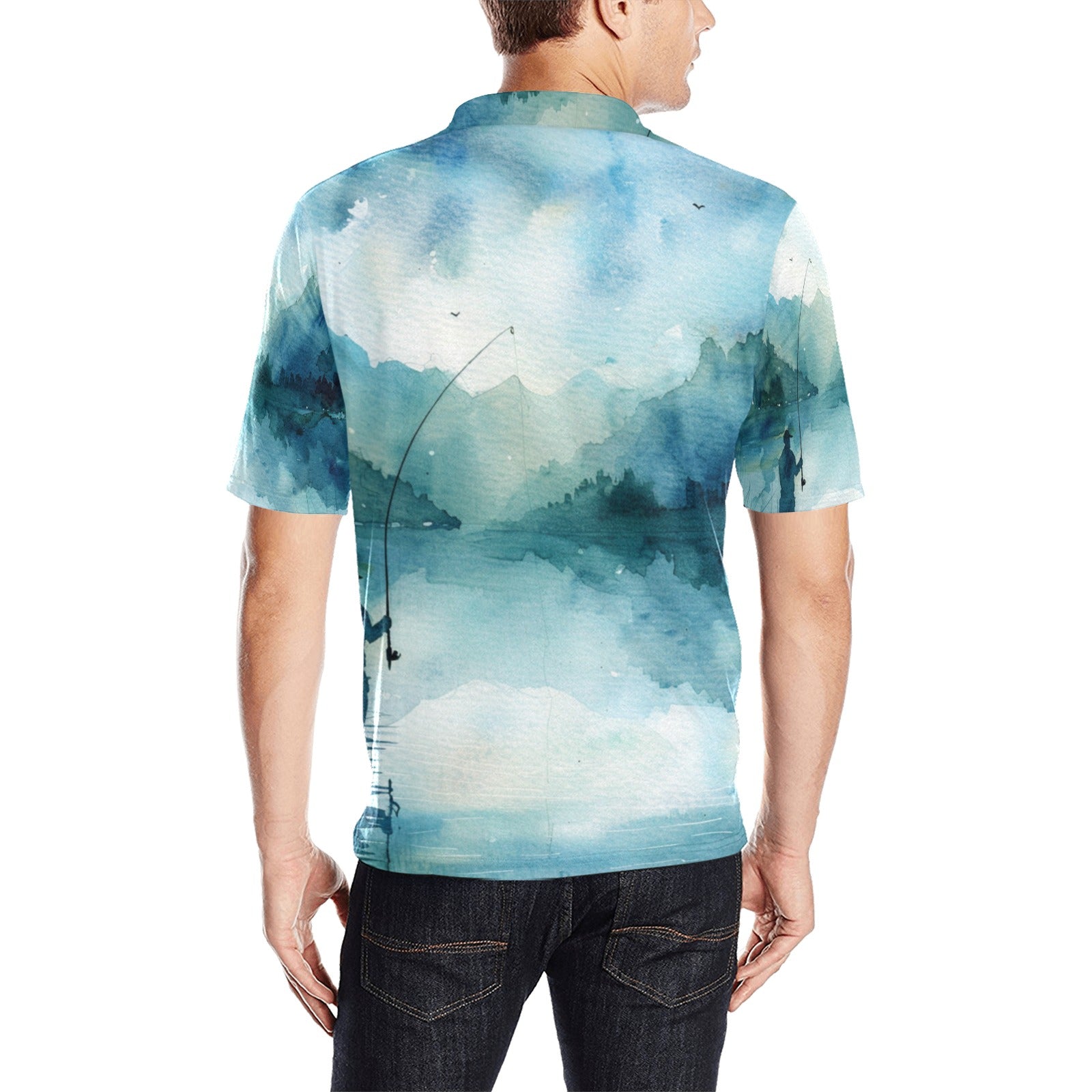 men's outdoor polo Fishing Scene Men's All Over Print Polo Shirt | Lightweight Polyester Casual Golf Shirt - Cherished Harbor Gifts