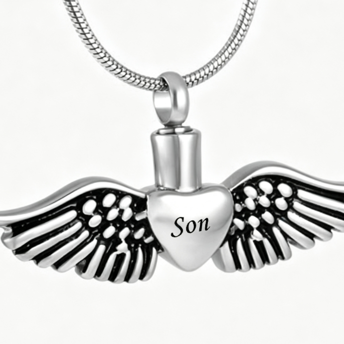 Personalized Memorial Urn Necklace with Angel Wings Design - Cherished Harbor Gifts