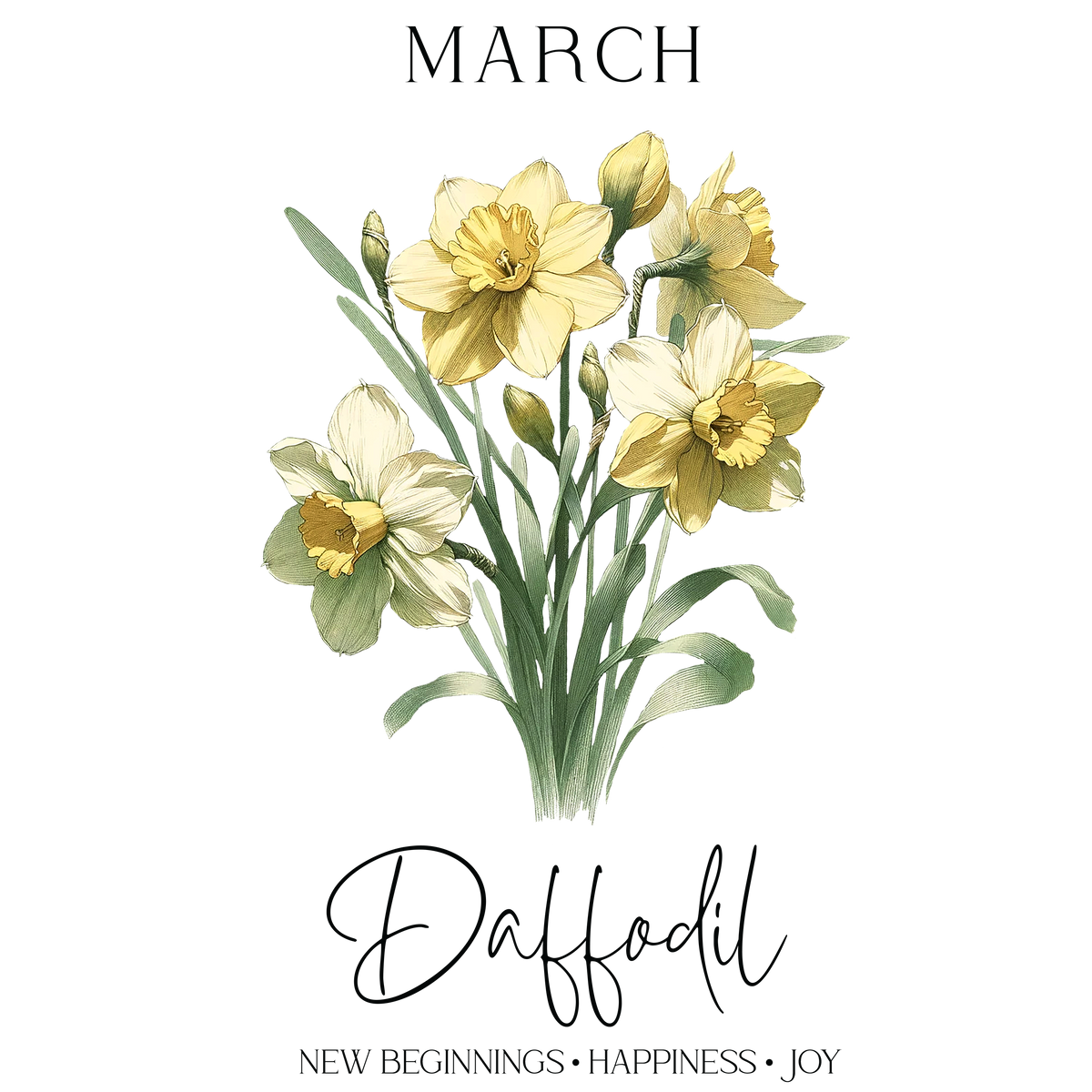 Daffodil bouquet illustration for March, featuring yellow flowers and green leaves.