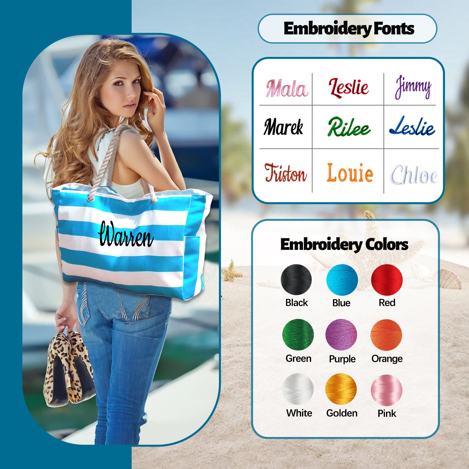 Personalized Embroidered Beach Bag | Custom Large Capacity Oxford Tote for Travel, Pool & Vacation - Cherished Harbor Gifts