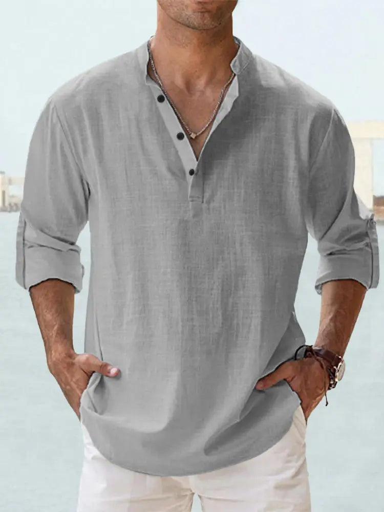 Men's Linen Casual Shirt - Relaxed Long Sleeve Pullover by TED