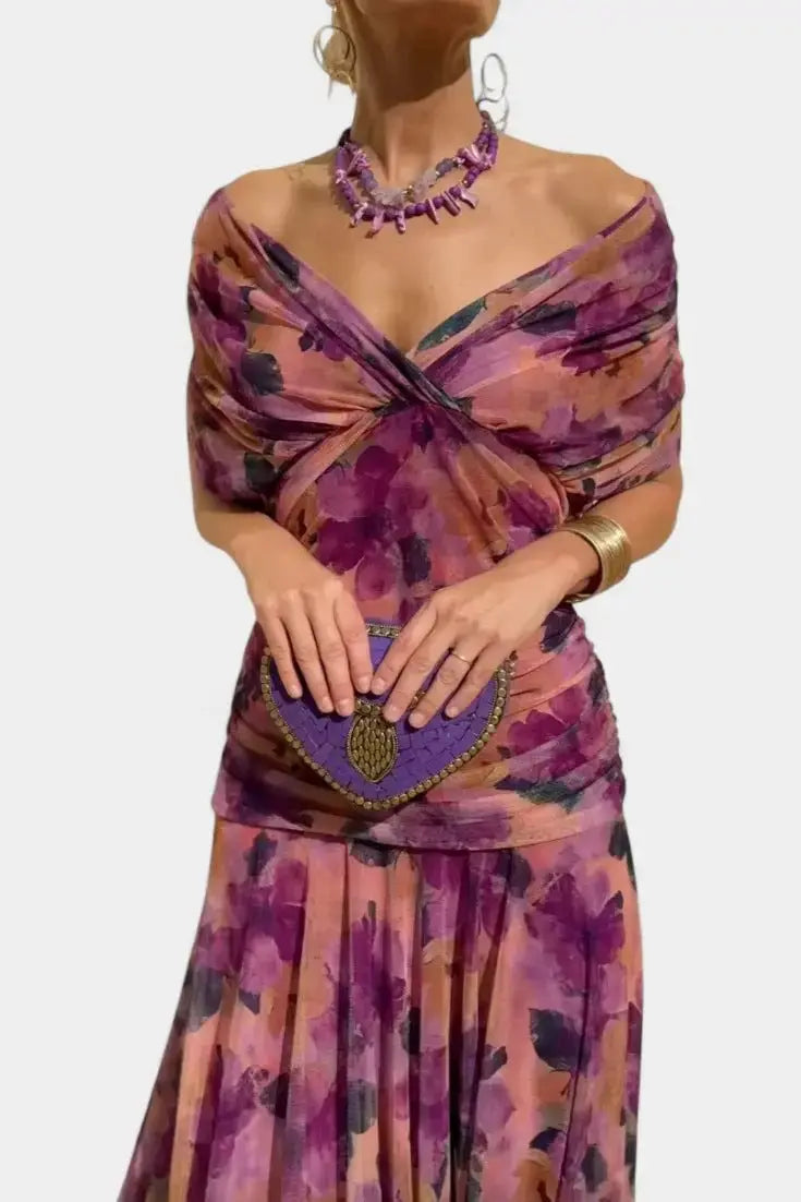 Womens Floral Mesh Print Maxi Dress | V-Neck Vacation Dress Sizes S-2XL by TED