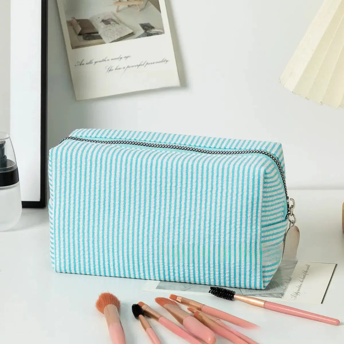 Personalized Embroidered Striped Seersucker Cosmetic Bag | Custom Makeup & Travel Pouch by TED