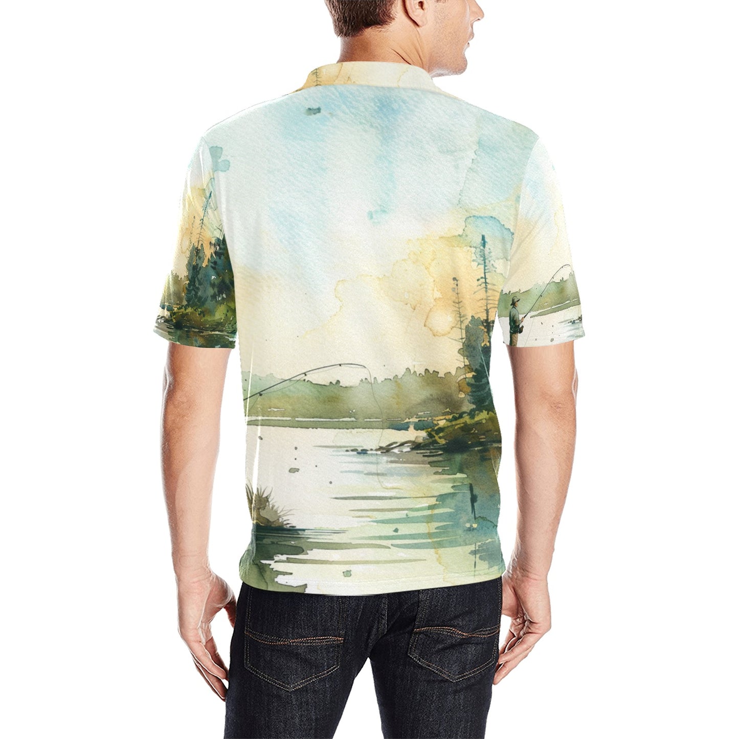 men's outdoor apparel Fishing Scene Men's All Over Print Polo Shirt | Lightweight Polyester Casual Golf Shirt - Cherished Harbor Gifts