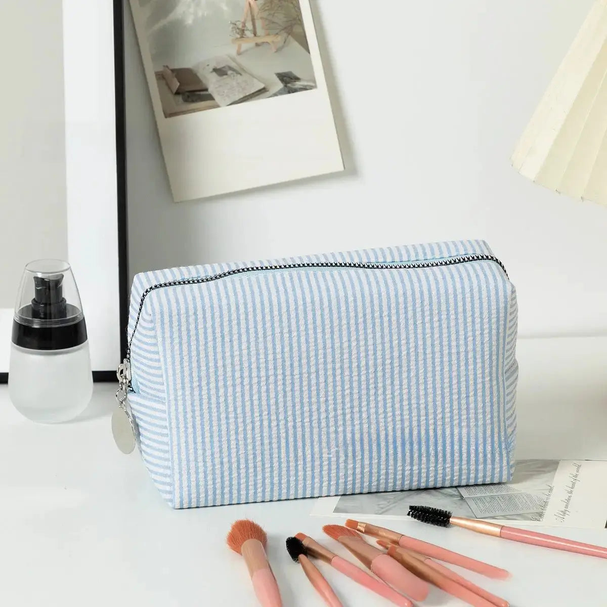 Personalized Embroidered Striped Seersucker Cosmetic Bag | Custom Makeup & Travel Pouch by TED