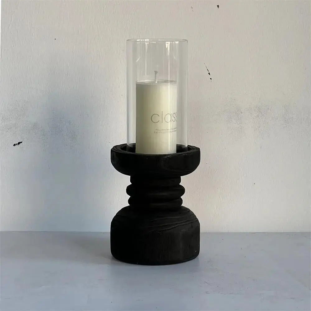 Handcrafted Wooden Candle Holder | Rustic Black Wood Home Decor with Optional Glass Dome by TED