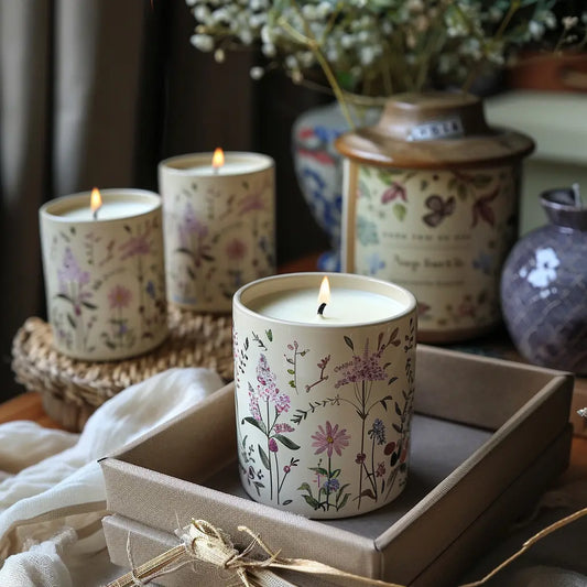 Three lit floral-patterned candles in a cozy setting with decorative jars and soft lighting.