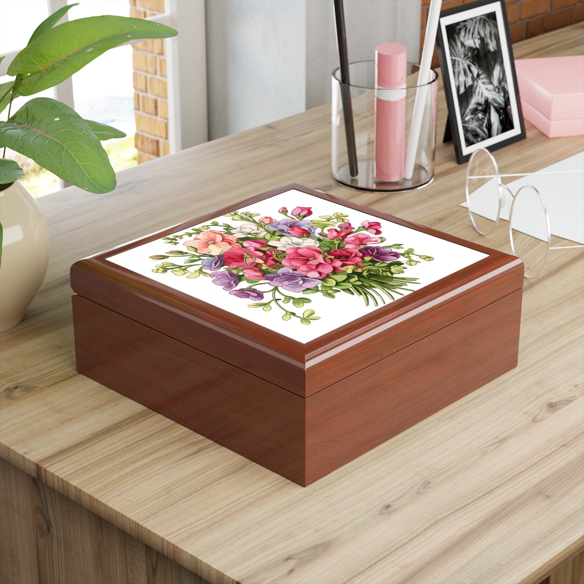 Elegant Floral Bouquet Jewelry Box For Rings & Keepsakes - Pink & Purple Floral Design - Cherished Harbor Gifts
