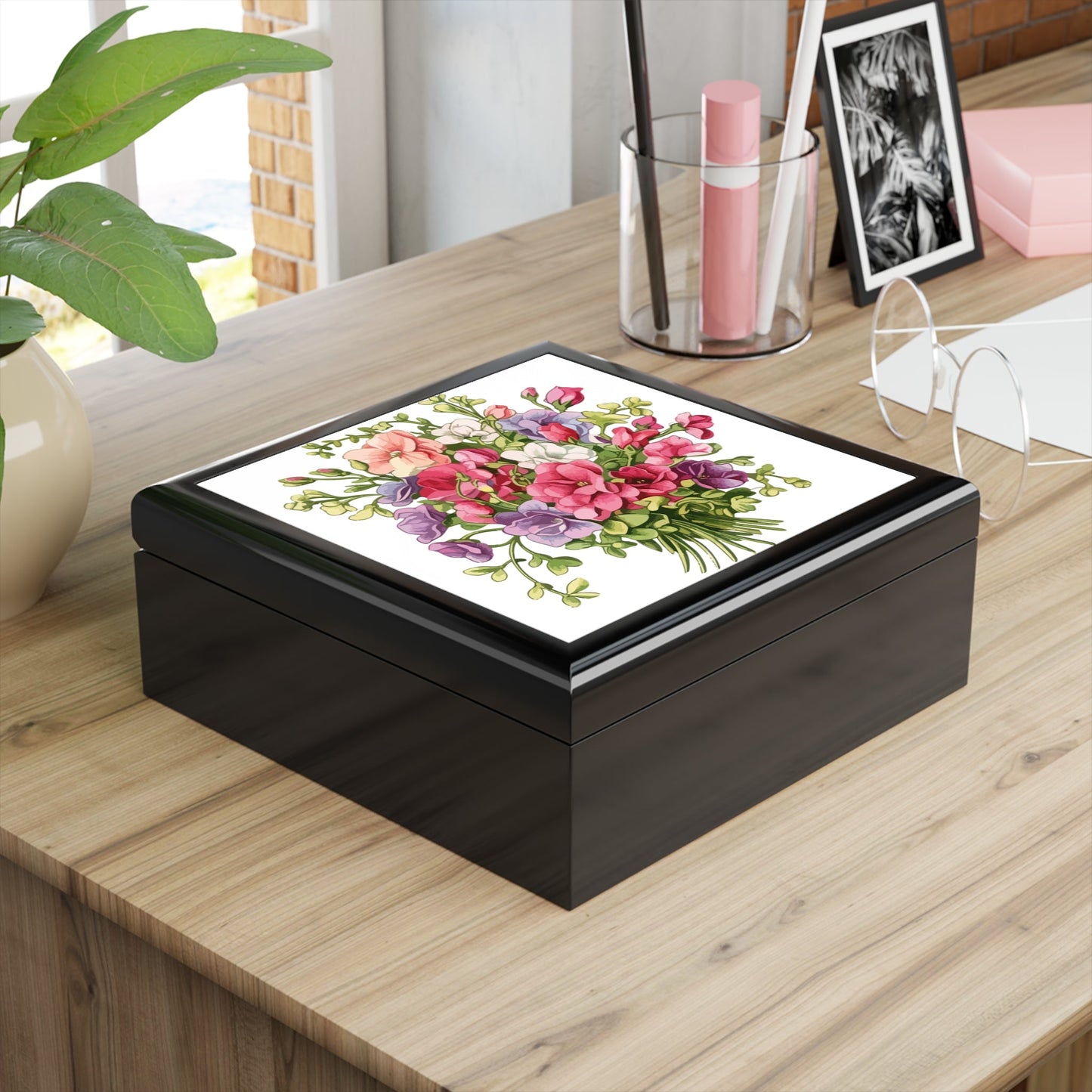 Elegant Floral Bouquet Jewelry Box For Rings & Keepsakes - Pink & Purple Floral Design - Cherished Harbor Gifts