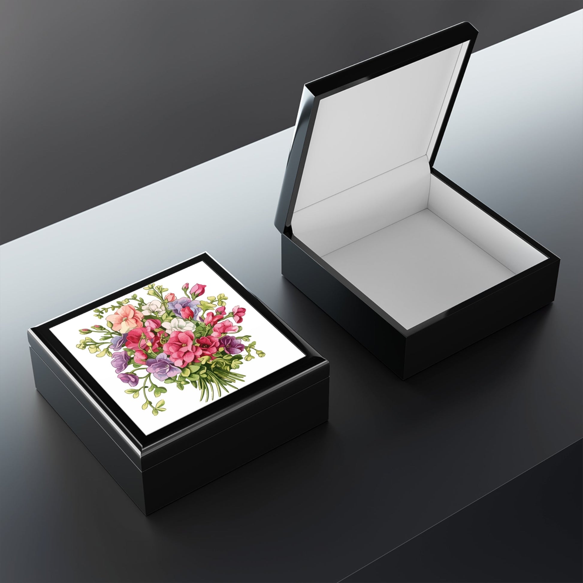 Elegant Floral Bouquet Jewelry Box For Rings & Keepsakes - Pink & Purple Floral Design - Cherished Harbor Gifts