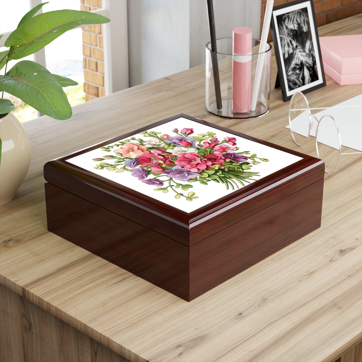 Elegant Floral Bouquet Jewelry Box For Rings & Keepsakes - Pink & Purple Floral Design - Cherished Harbor Gifts