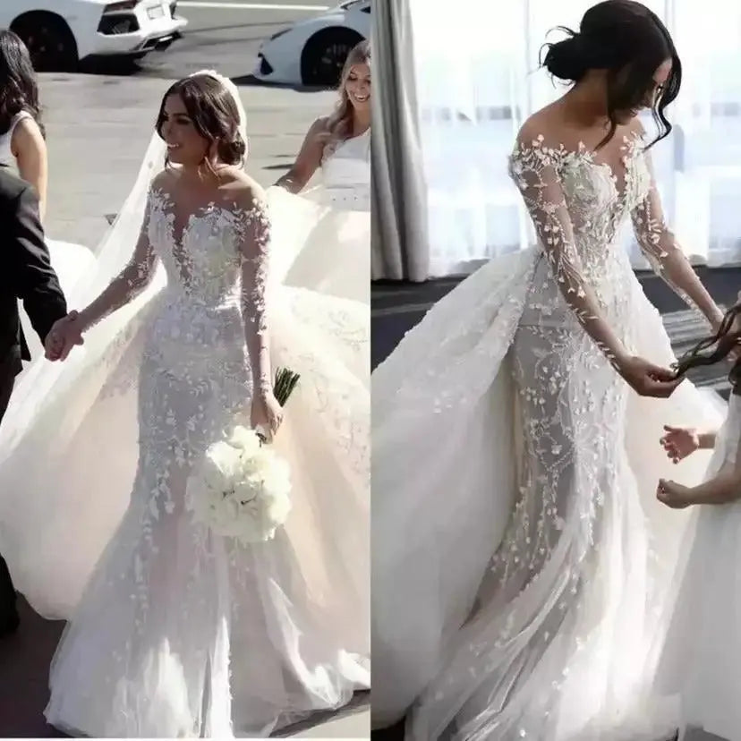 Elegant Off-Shoulder Mermaid Wedding Gown with Long Train by TED