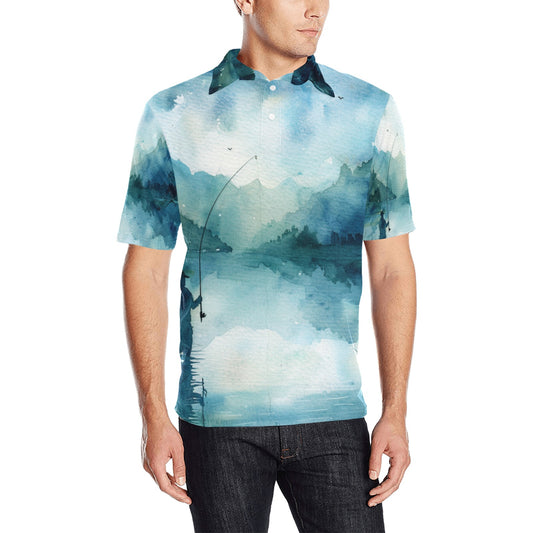 men's outdoor polo Fishing Scene Men's All Over Print Polo Shirt | Lightweight Polyester Casual Golf Shirt - Cherished Harbor Gifts