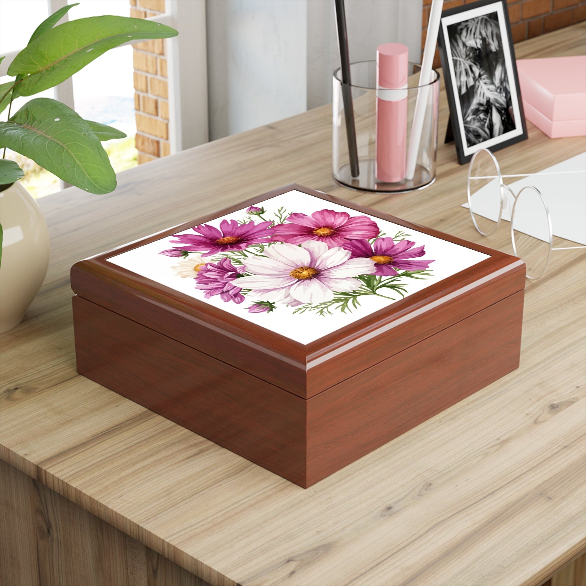 Floral Cosmos Handcrafted Keepsake Box - Glossy Pink Wildflower Keepsake for Rings & Treasures - Cherished Harbor Gifts