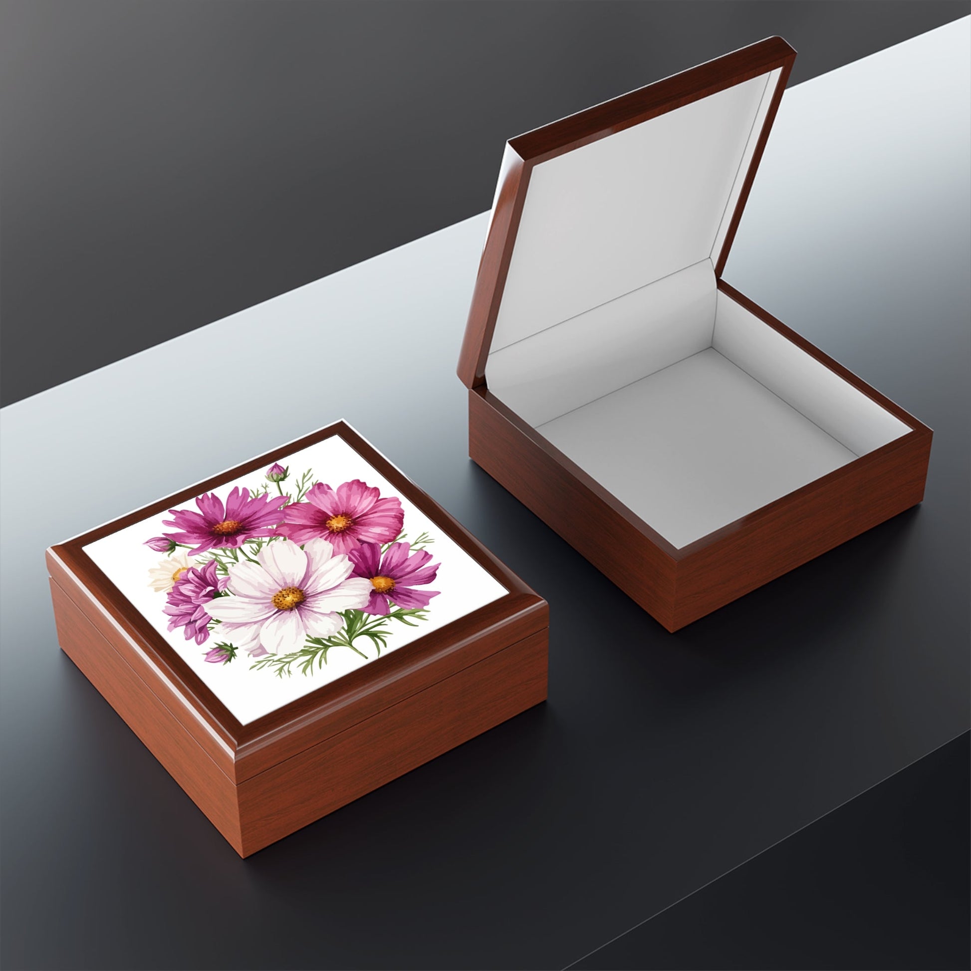 Floral Cosmos Handcrafted Keepsake Box - Glossy Pink Wildflower Keepsake for Rings & Treasures - Cherished Harbor Gifts