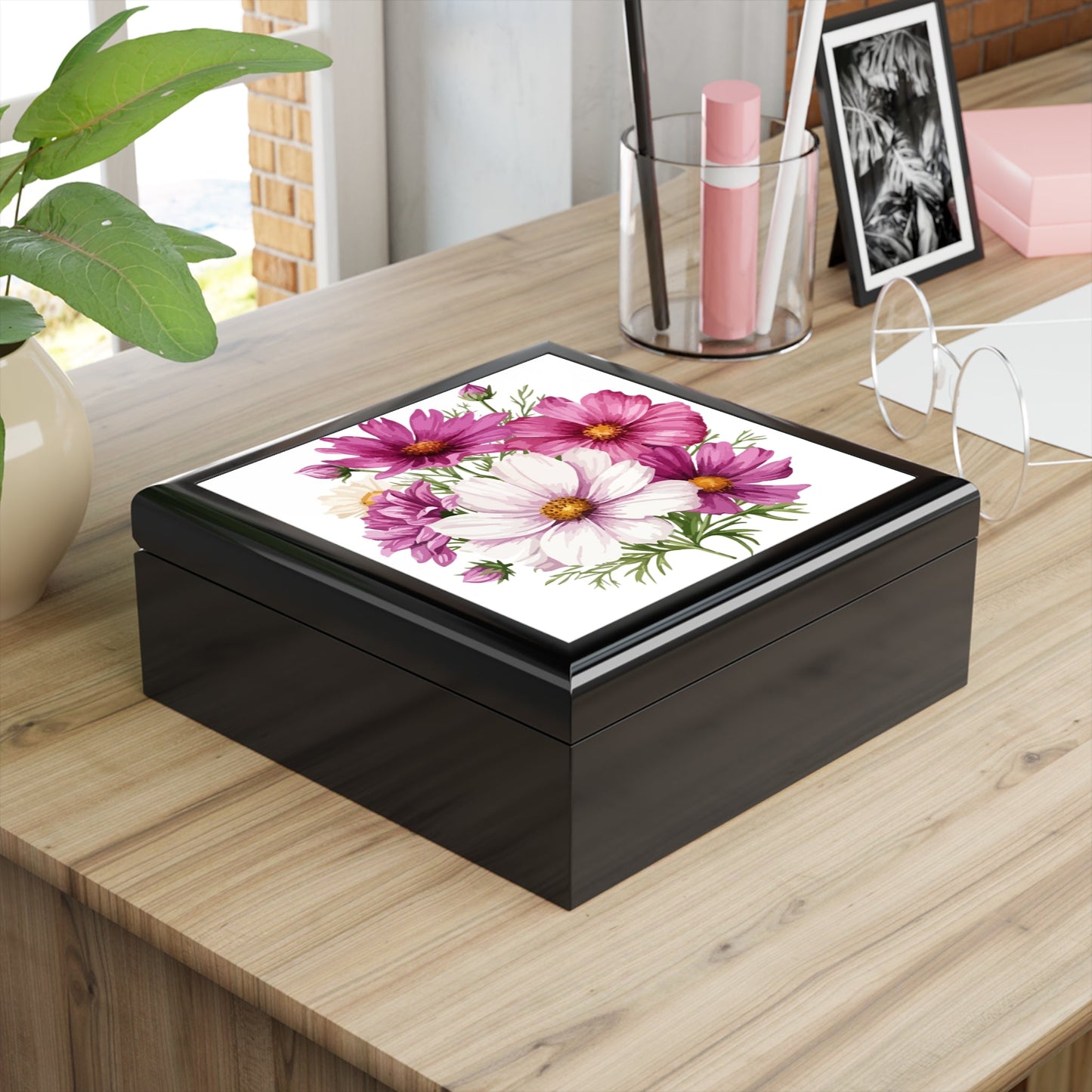 Floral Cosmos Handcrafted Keepsake Box - Glossy Pink Wildflower Keepsake for Rings & Treasures - Cherished Harbor Gifts