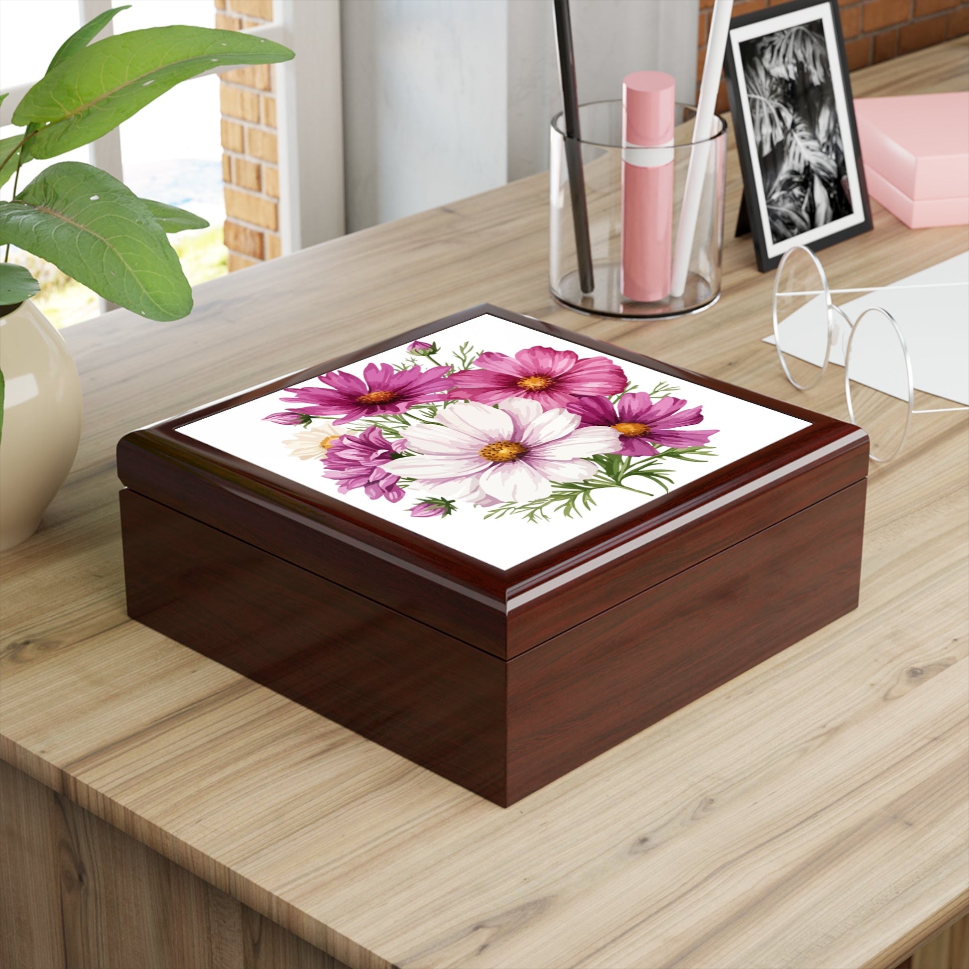 Floral Cosmos Handcrafted Keepsake Box - Glossy Pink Wildflower Keepsake for Rings & Treasures - Cherished Harbor Gifts