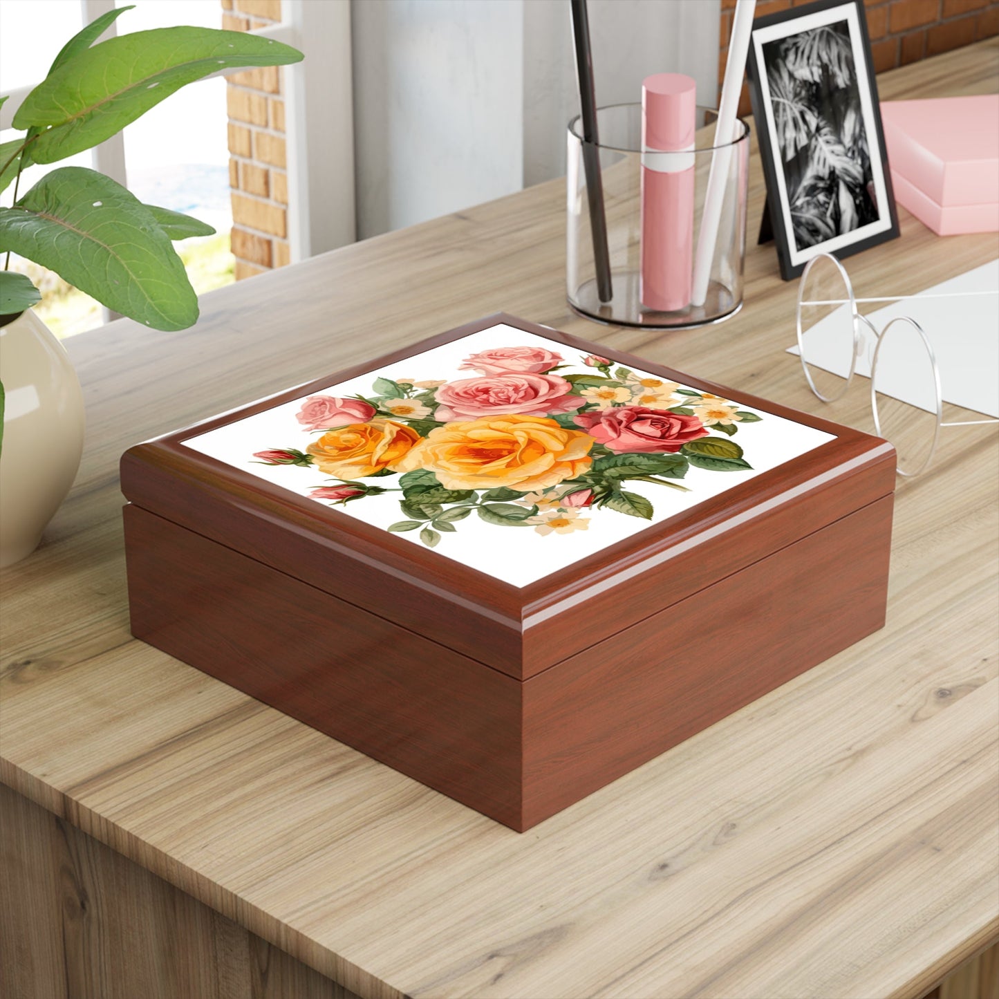 Floral Rose Jewelry Box — Vintage Pink & Yellow Rose Floral Keepsake Gift - Cherished Harbor Gifts