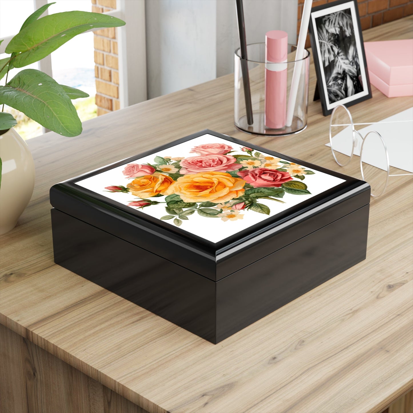 Floral Rose Jewelry Box — Vintage Pink & Yellow Rose Floral Keepsake Gift - Cherished Harbor Gifts