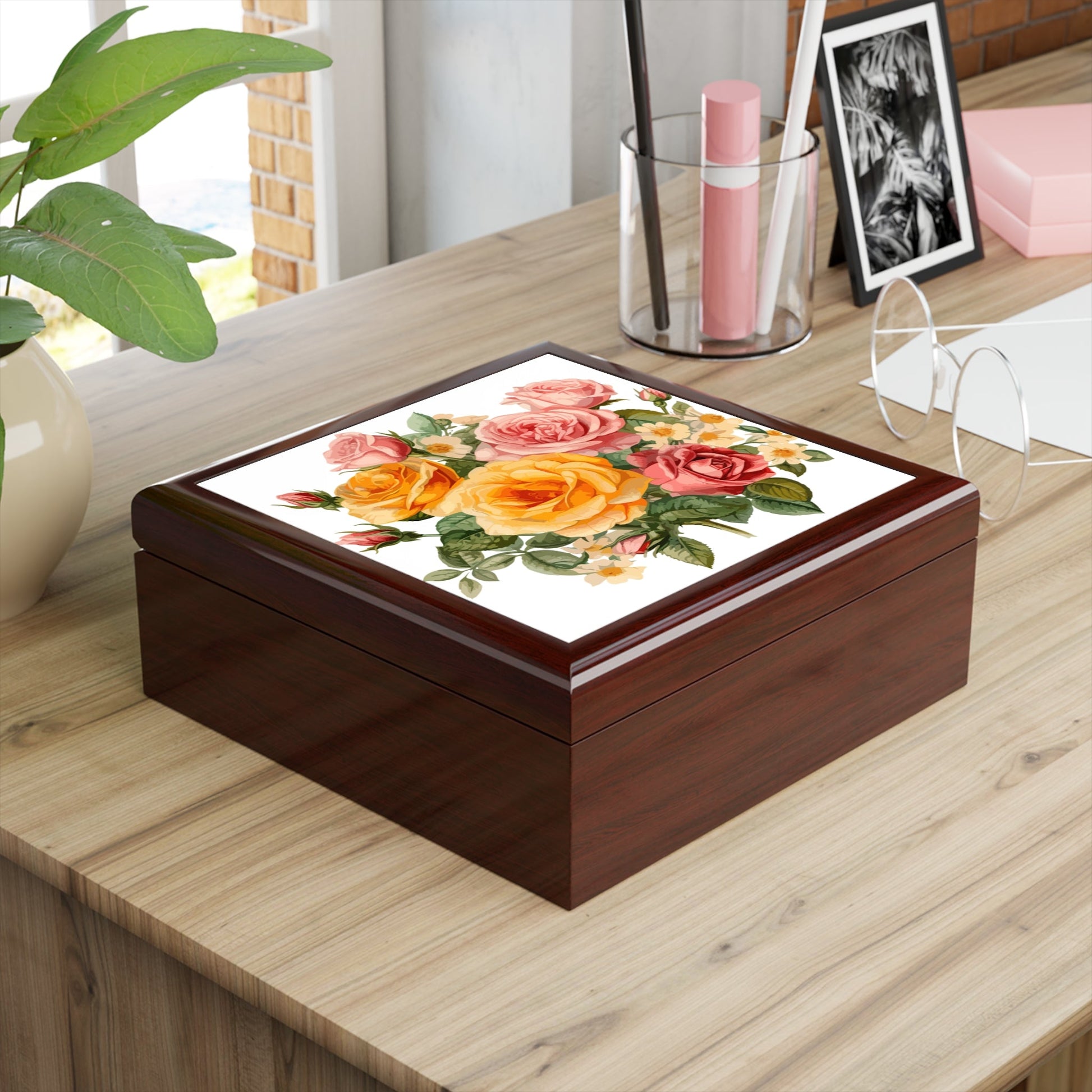 Floral Rose Jewelry Box — Vintage Pink & Yellow Rose Floral Keepsake Gift - Cherished Harbor Gifts