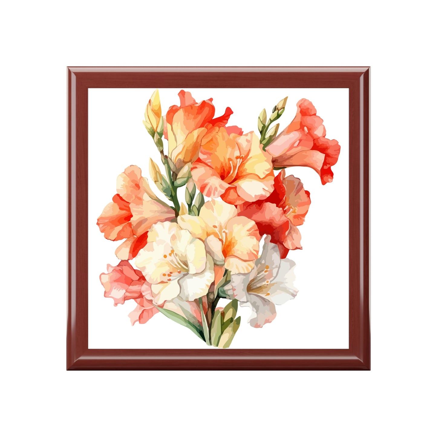 Floral Watercolor Gladiolus Elegant Jewelry Box - Elegant Keepsake with Rubberwood, 7.24" x 2.76" - Cherished Harbor Gifts