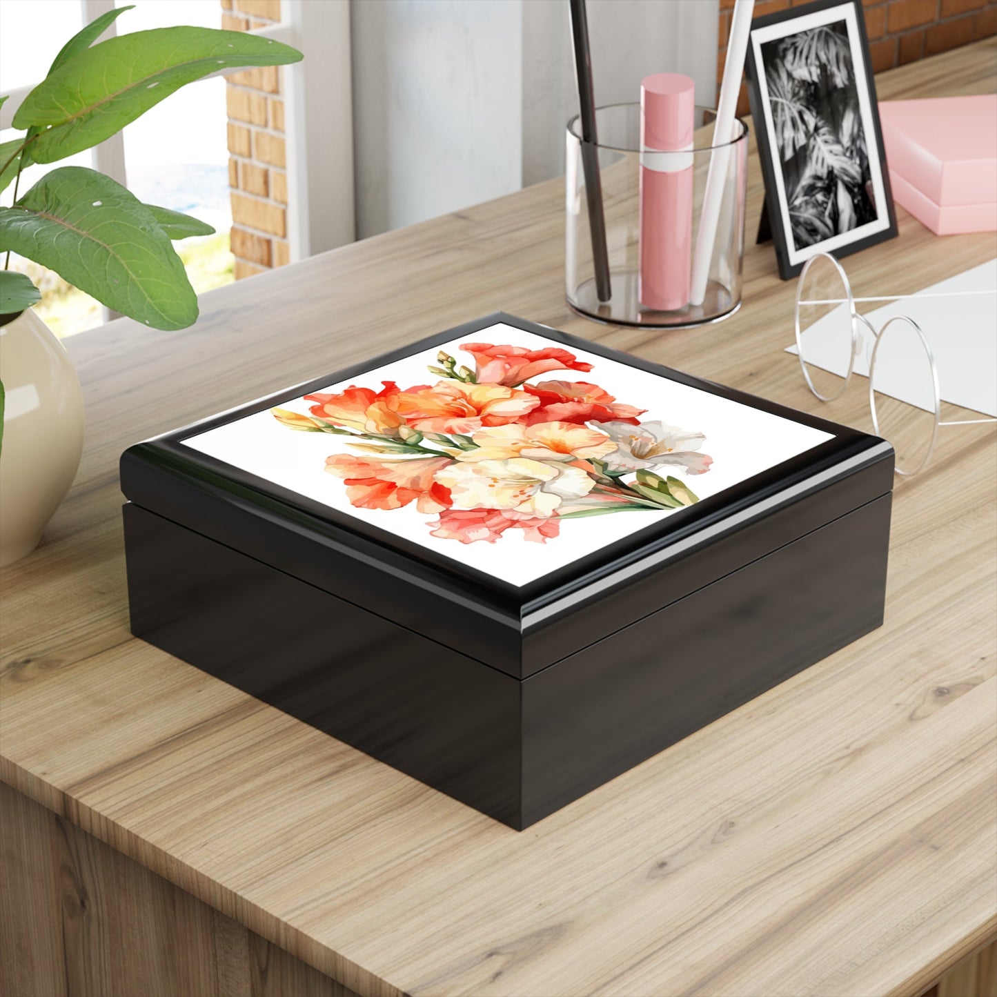 Floral Watercolor Gladiolus Elegant Jewelry Box - Elegant Keepsake with Rubberwood, 7.24" x 2.76" - Cherished Harbor Gifts