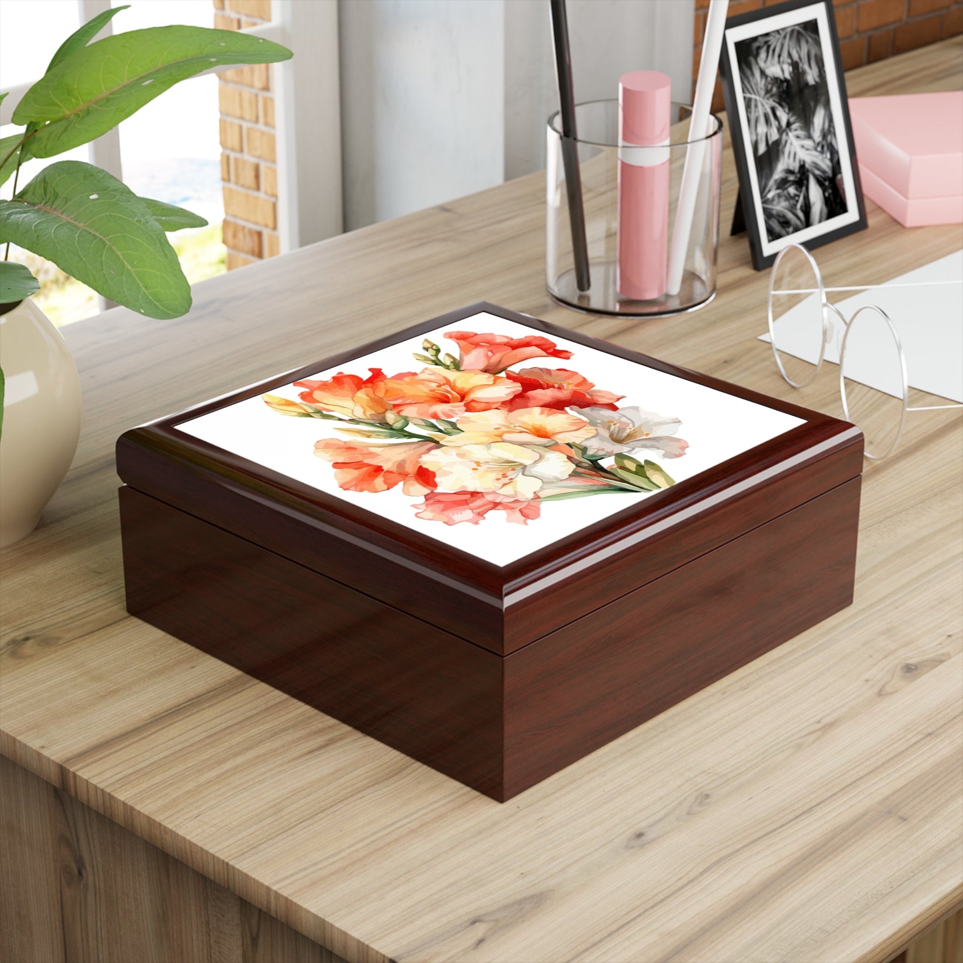Floral Watercolor Gladiolus Elegant Jewelry Box - Elegant Keepsake with Rubberwood, 7.24" x 2.76" - Cherished Harbor Gifts