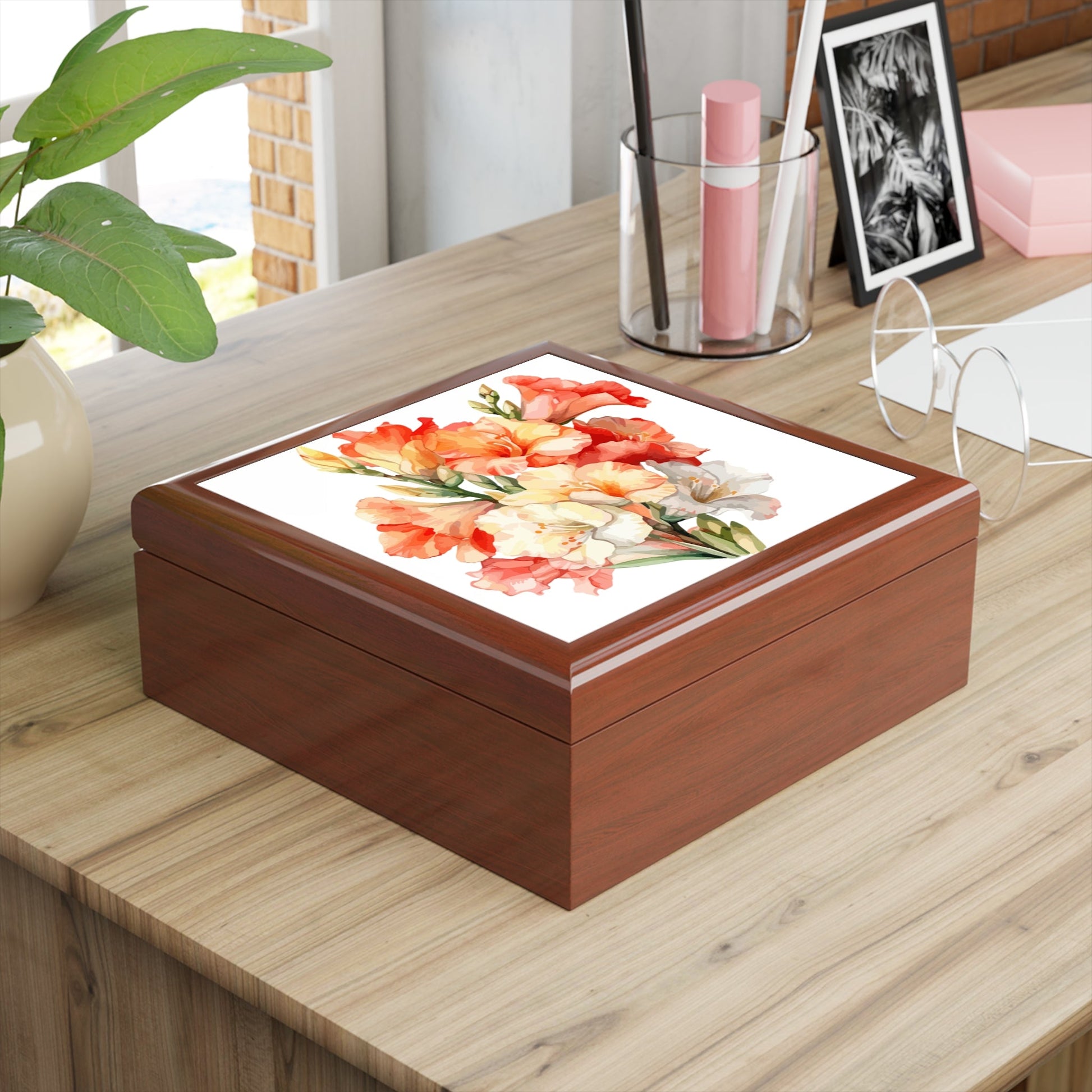 Floral Watercolor Gladiolus Elegant Jewelry Box - Elegant Keepsake with Rubberwood, 7.24" x 2.76" - Cherished Harbor Gifts