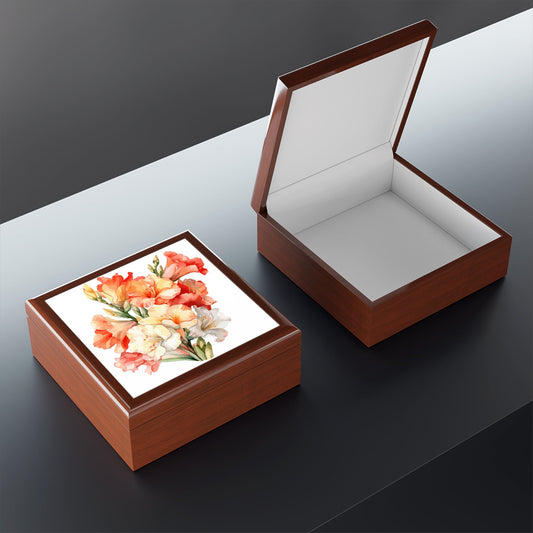 Floral Watercolor Gladiolus Elegant Jewelry Box - Elegant Keepsake with Rubberwood, 7.24" x 2.76" - Cherished Harbor Gifts