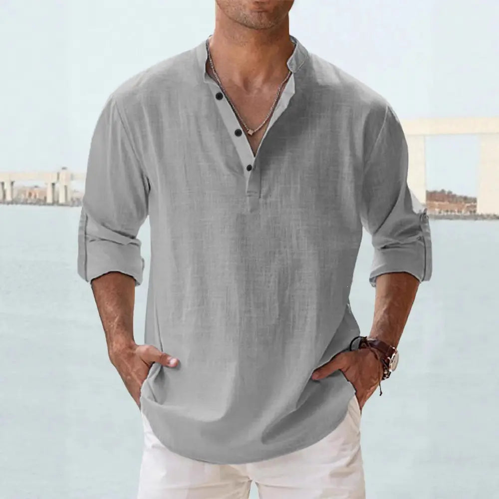 Men's Linen Casual Shirt - Relaxed Long Sleeve Pullover by TED
