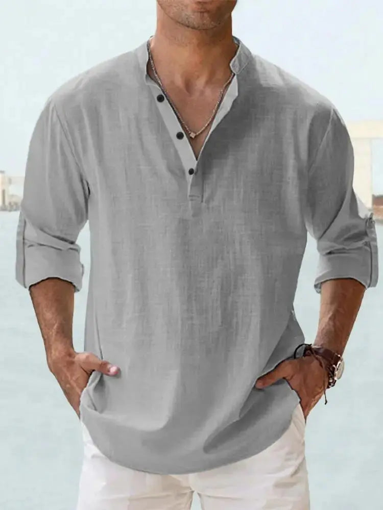 Men's Linen Casual Shirt - Relaxed Long Sleeve Pullover by TED