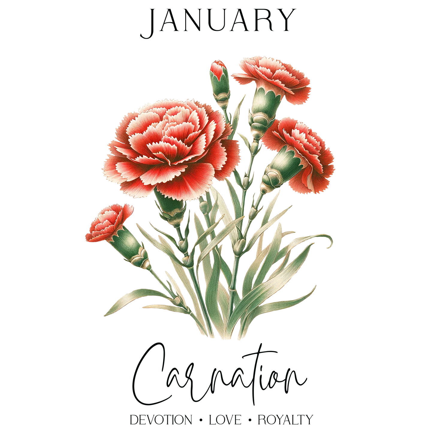 January Carnation flower bouquet with red blooms and green leaves.