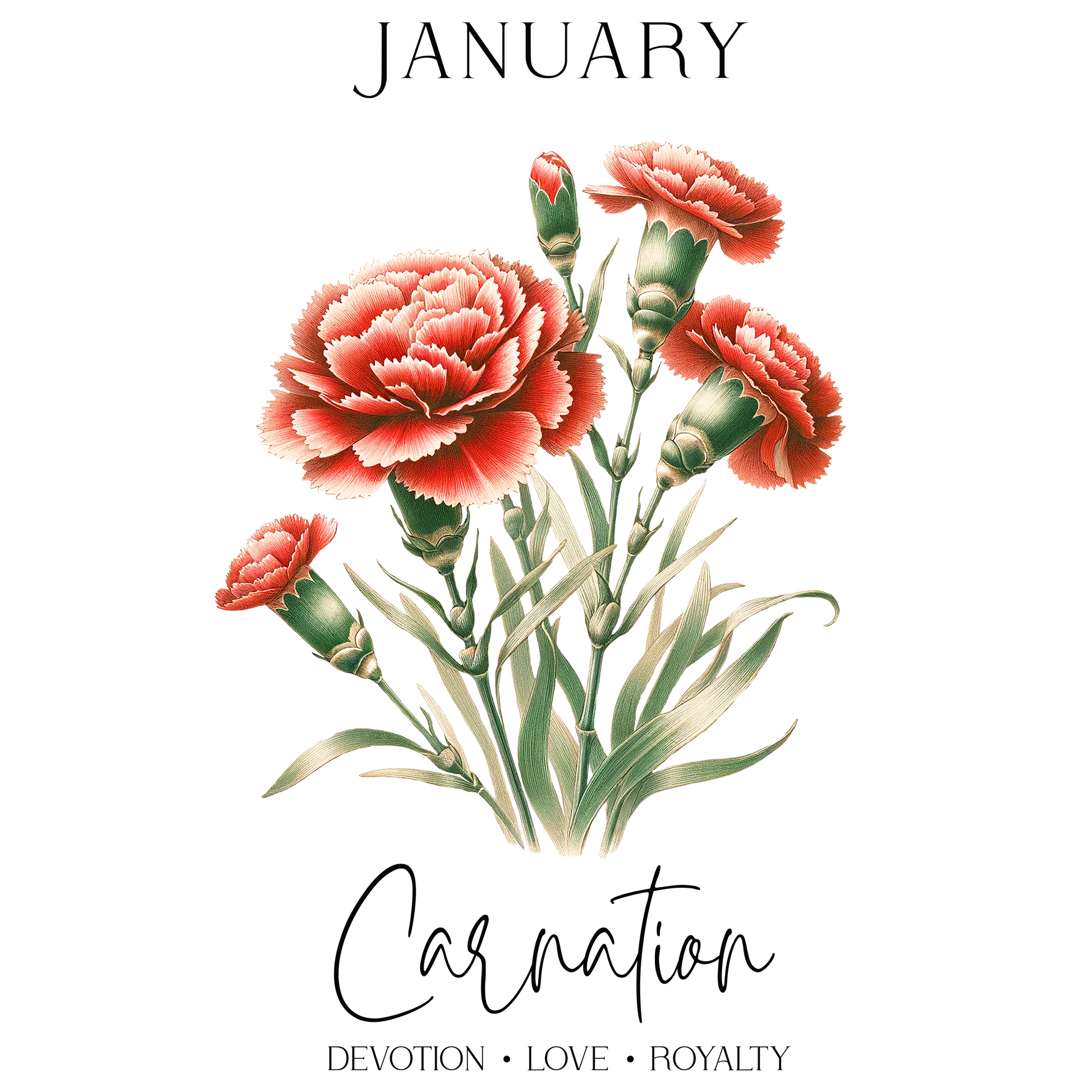 January Carnation flower bouquet with red blooms and green leaves.