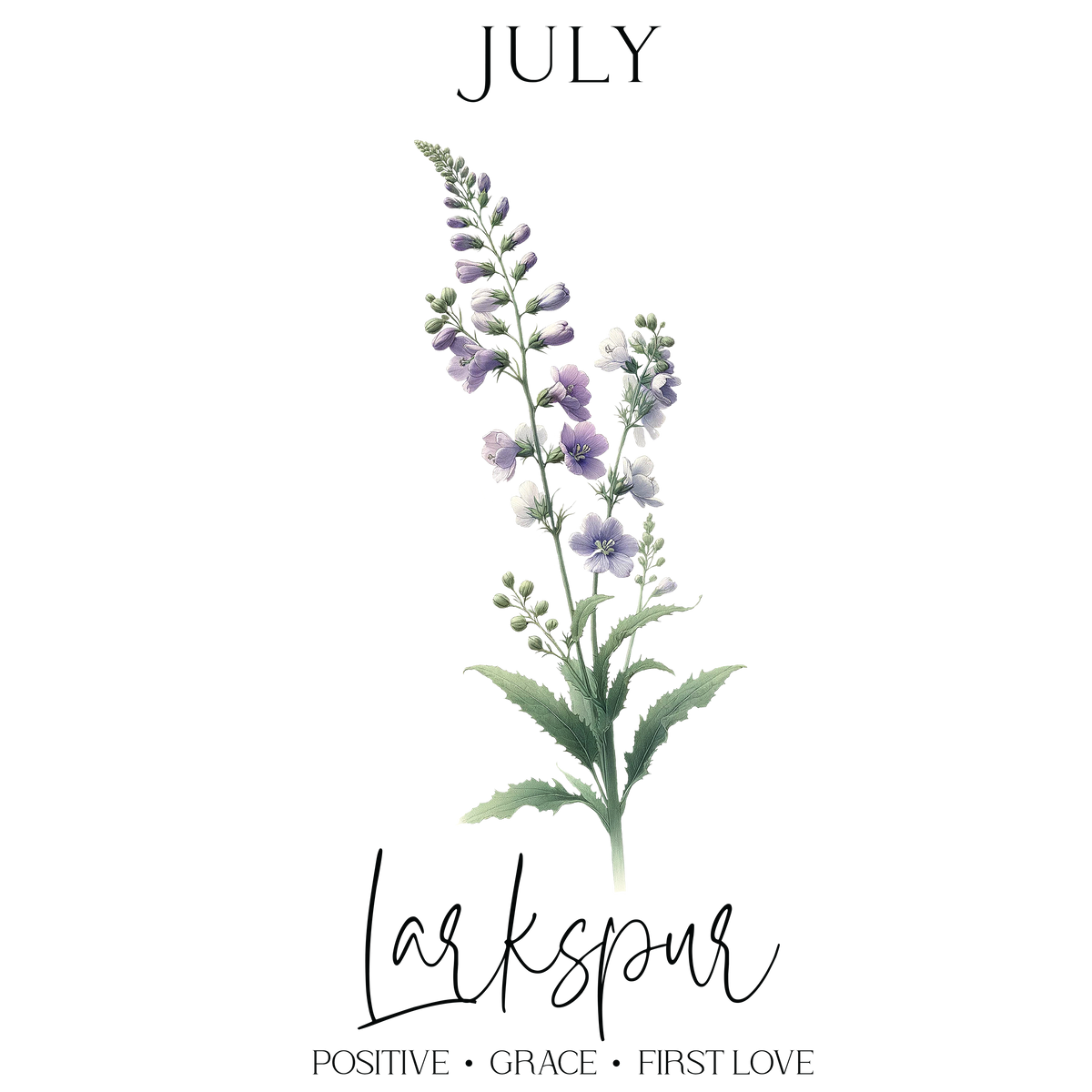 July floral calendar illustration featuring lavender flowers and green leaves.