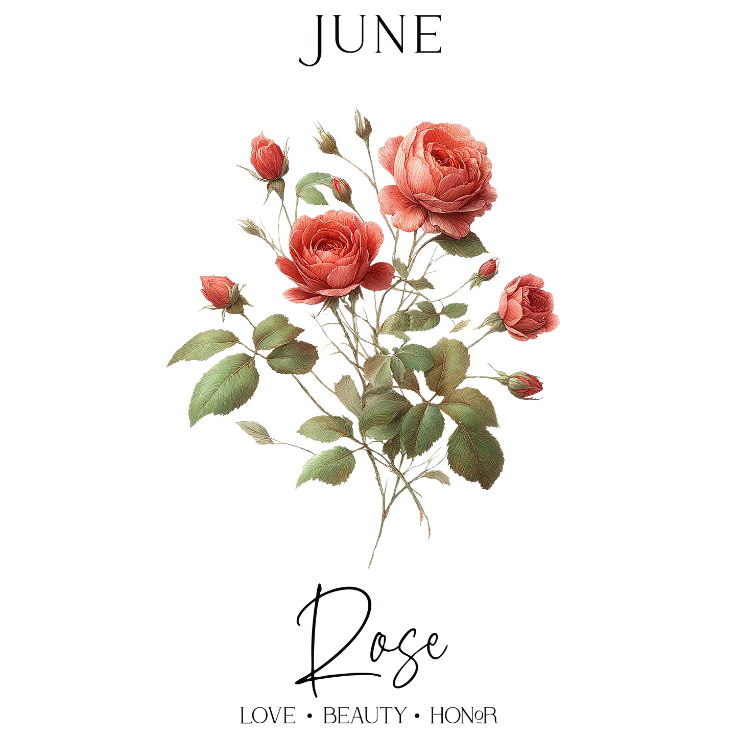June Rose floral design featuring pink roses and green leaves.