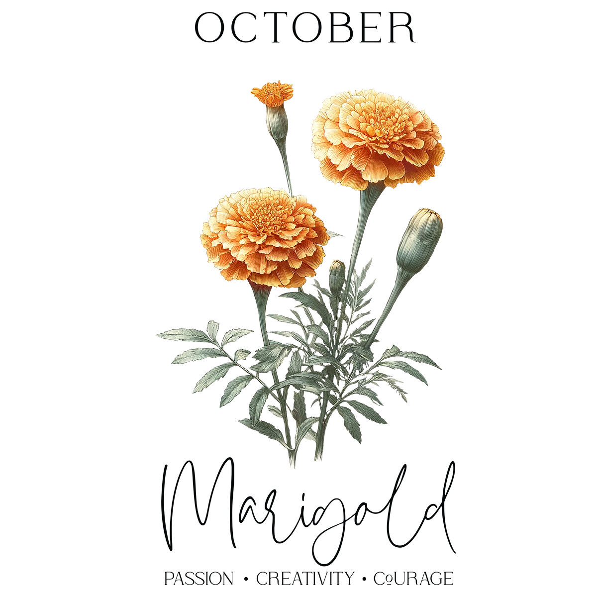 Marigold flowers with orange blooms and green foliage for October.