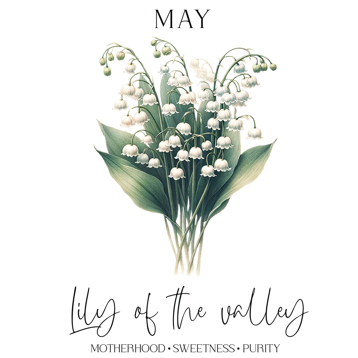May Lily of the Valley bouquet with delicate white flowers and green leaves.