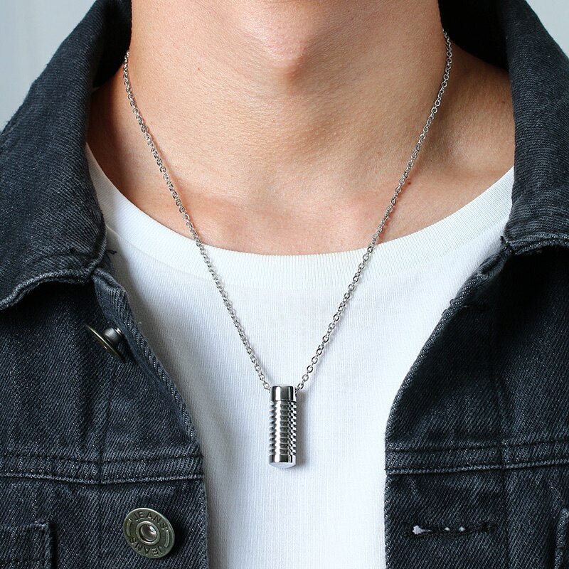 Men's Stainless Steel Cylinder Ashes Memorial Urn Necklace - Cherished Harbor Gifts