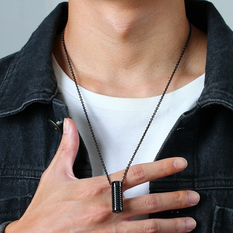 Men's Stainless Steel Cylinder Ashes Memorial Urn Necklace - Cherished Harbor Gifts
