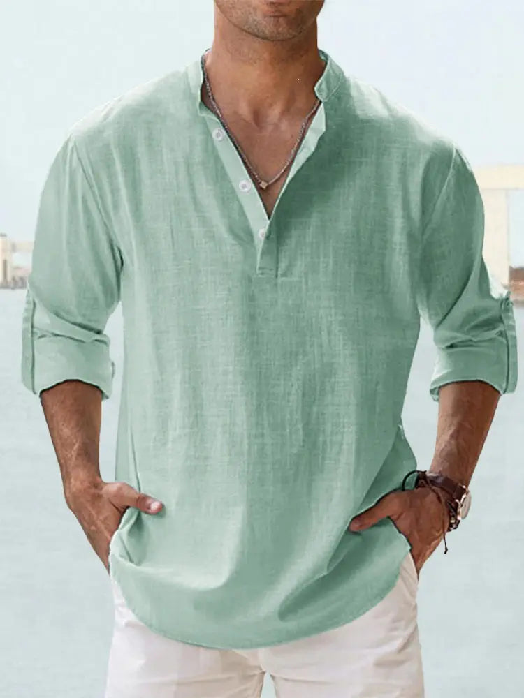 Men's Linen Casual Shirt - Relaxed Long Sleeve Pullover by TED