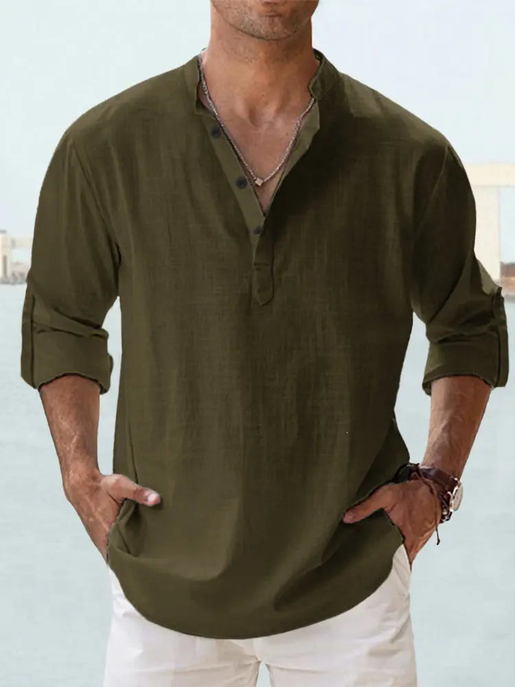 Men's Linen Casual Shirt - Relaxed Long Sleeve Pullover by TED