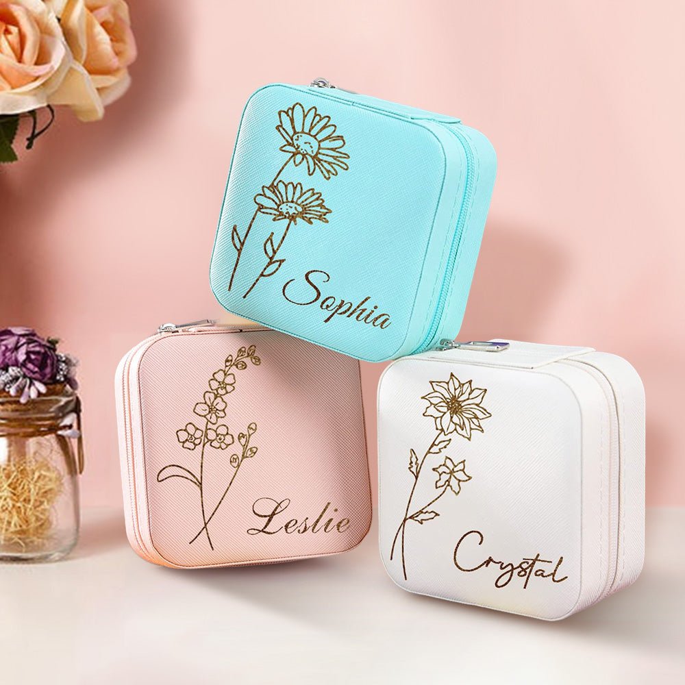Personalized Birth Flower Travel Jewelry Box Gift - Cherished Harbor Gifts