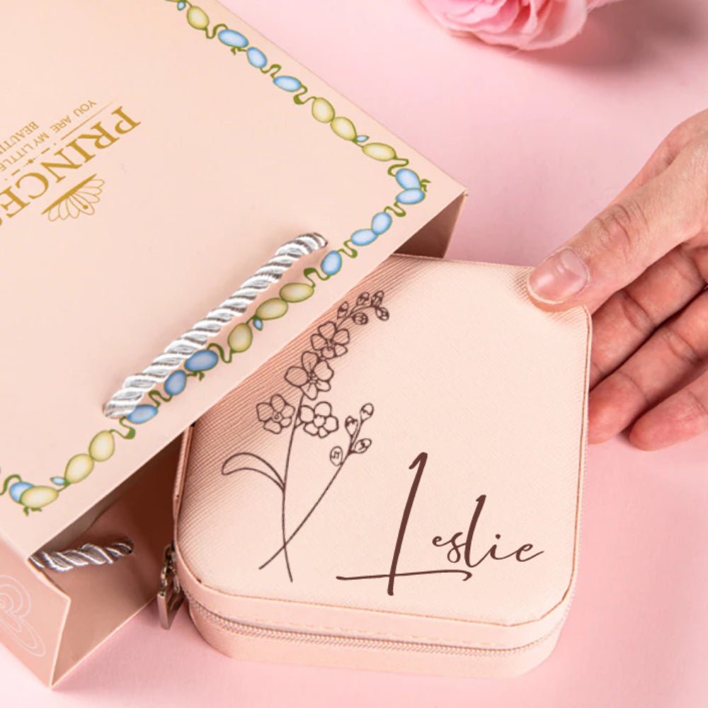 Personalized Birth Flower Travel Jewelry Box Gift - Cherished Harbor Gifts