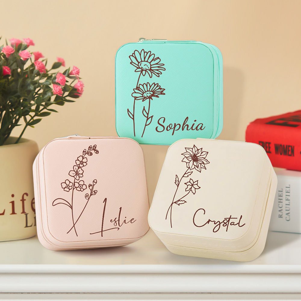 Personalized Birth Flower Travel Jewelry Box Gift - Cherished Harbor Gifts